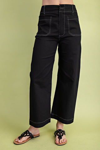 Curvy Black Contrast Stitch Wide Leg Crop Pant