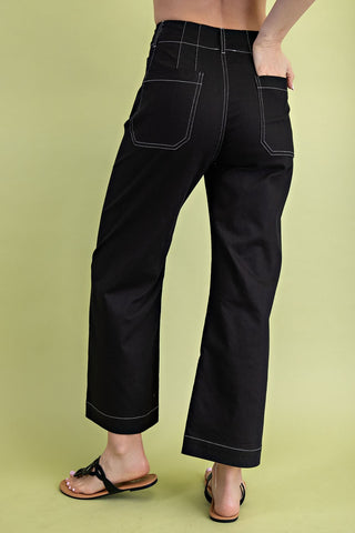 Curvy Black Contrast Stitch Wide Leg Crop Pant