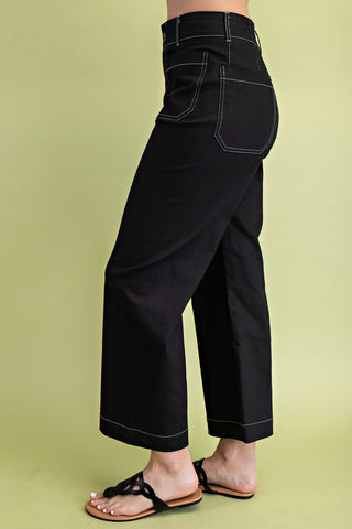 Curvy Black Contrast Stitch Wide Leg Crop Pant