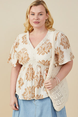 Curvy Print Lace Detailed V Neck Top