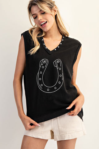 Embroidered Horseshoe Sleeveless Top