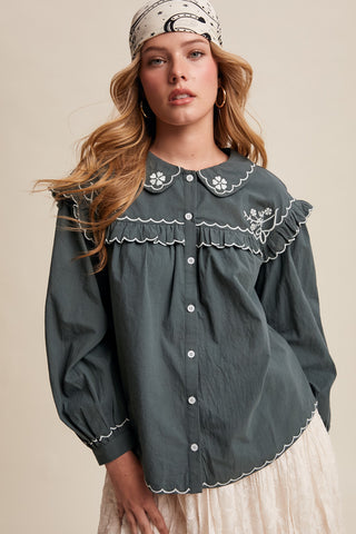Embroidered Ruffle Collar Cotton Blouse