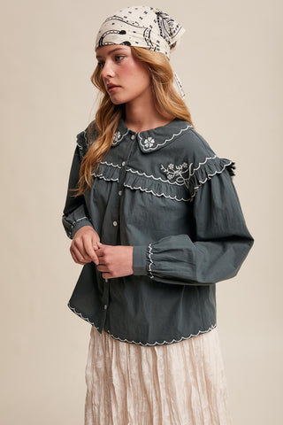 Embroidered Ruffle Collar Cotton Blouse