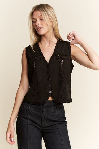 The Black Boho Crochet Trim Suede Vest with lace detail and button front
