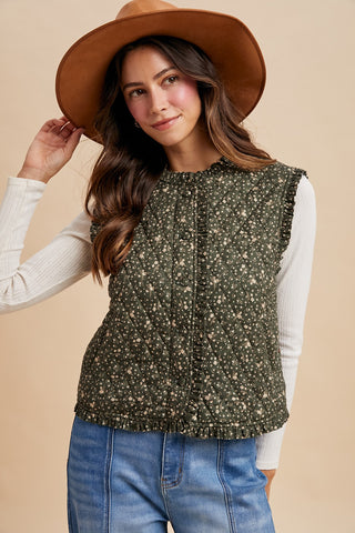 Ditsy Floral Ruffle Detail Quilted Vest Green | JQ Clothing Co.
