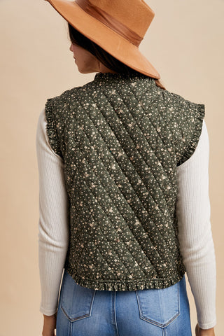 Ditsy Floral Ruffle Detail Quilted Vest Green