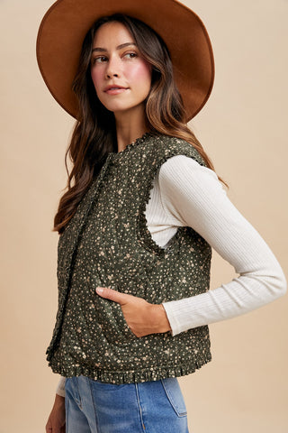 Ditsy Floral Ruffle Detail Quilted Vest Green
