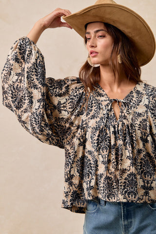 Printed Front Tied Top w/Balloon Sleeve