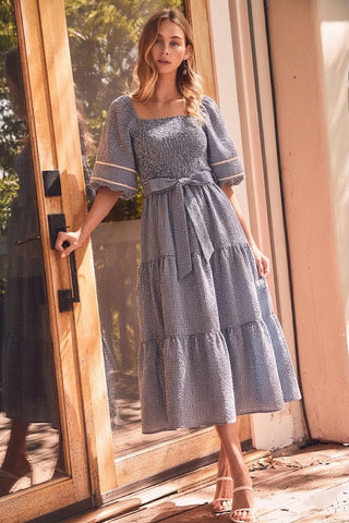 Textured Midi Dress w/Smocked Bodice