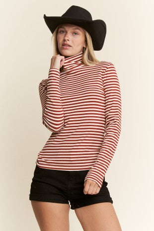 Rust & Cream Stripe Turtleneck Knit Top fitted long sleeve