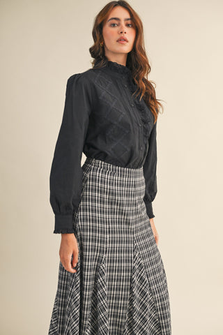 Ruffled Lace Trim Button Down Top