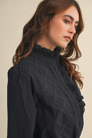 Ruffled Lace Trim Button Down Top