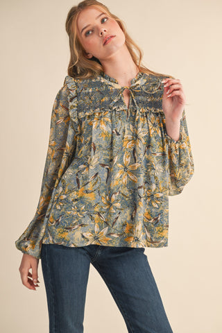 Indigo Floral Smocked Puff Sleeve Blouse