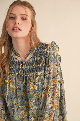 Indigo Floral Smocked Puff Sleeve Blouse