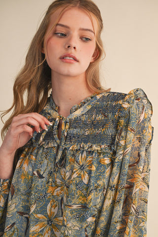 Indigo Floral Smocked Puff Sleeve Blouse
