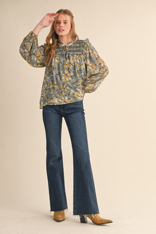 Indigo Floral Smocked Puff Sleeve Blouse