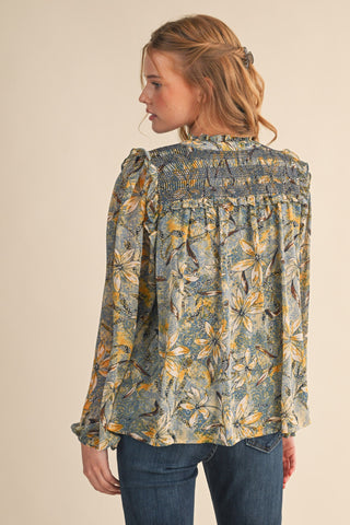 Indigo Floral Smocked Puff Sleeve Blouse