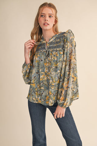 Indigo Floral Smocked Puff Sleeve Blouse
