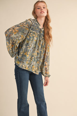 Indigo Floral Smocked Puff Sleeve Blouse
