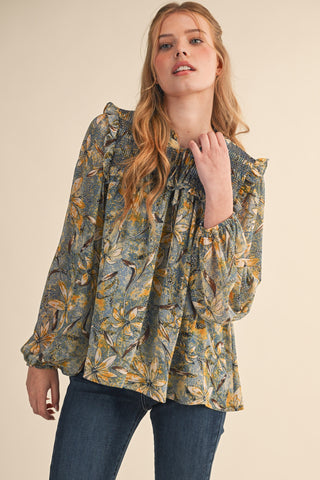 Indigo Floral Smocked Puff Sleeve Blouse