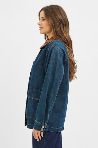 Leather Collar Contrast Oversized Denim