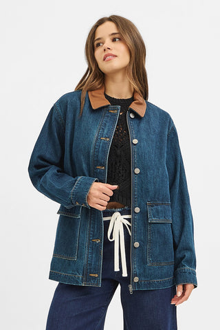 Leather Collar Contrast Oversized Denim