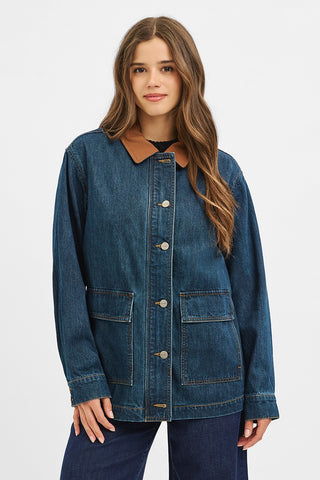Leather Collar Contrast Oversized Denim