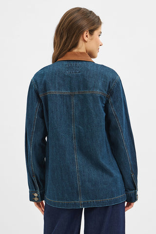 Leather Collar Contrast Oversized Denim