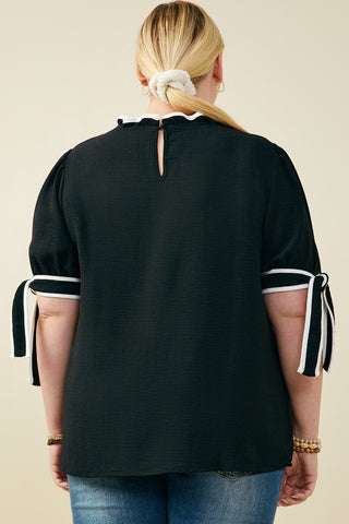 Curvy Contrast Piped Tie Sleeve Detail Top