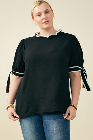 Curvy Contrast Piped Tie Sleeve Detail Top