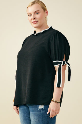 Curvy Contrast Piped Tie Sleeve Detail Top