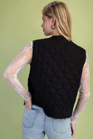 Quilted Fringe Trim Button Up Vest