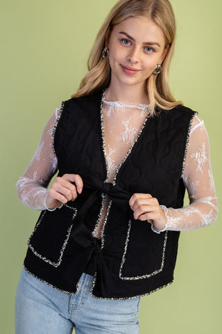 Quilted Fringe Trim Button Up Vest