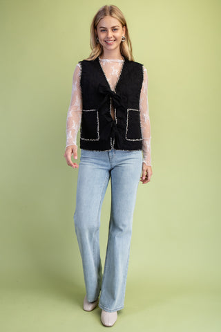 Quilted Fringe Trim Button Up Vest