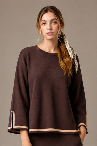 Contrast Trim 3/4 Sleeve Knit Pants Set