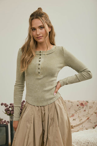 Washed LS Ribbed Henley Top