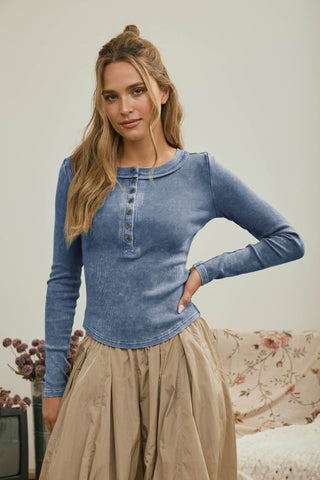 Washed LS Ribbed Henley Top