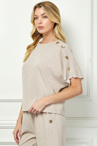 Gold Button Trim Wide-Leg Knit Pants Set