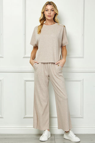 Gold Button Trim Wide-Leg Knit Pants Set