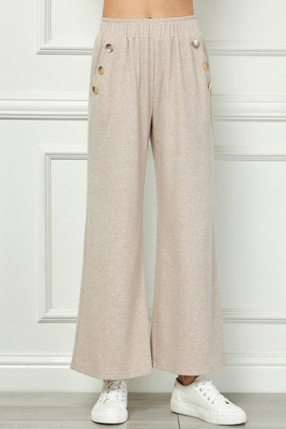 Gold Button Trim Wide-Leg Knit Pants Set