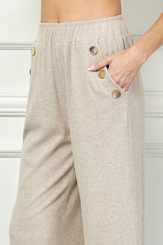 Gold Button Trim Wide-Leg Knit Pants Set