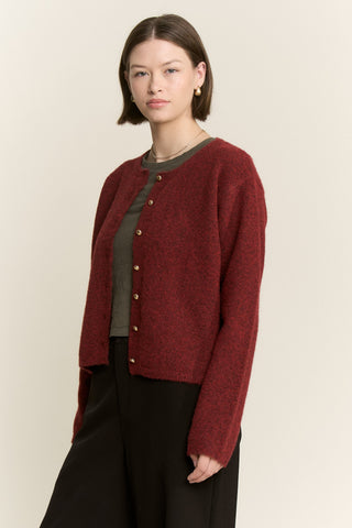 Piper Gold Button Boucle Cardigan in burgundy