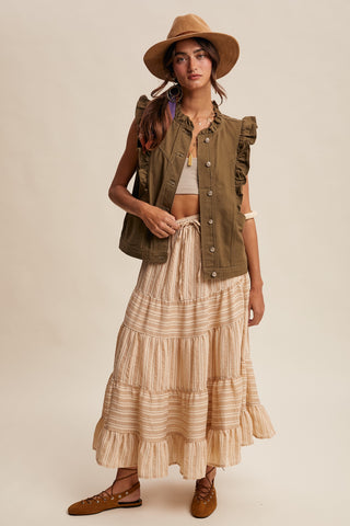 Olive Ruffle Trim Utility Vest