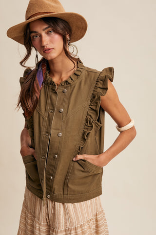 Olive Ruffle Trim Utility Vest