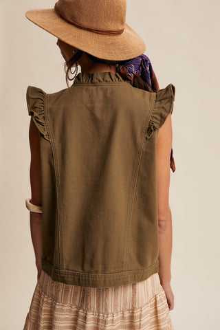 Olive Ruffle Trim Utility Vest
