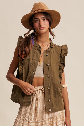 Olive Ruffle Trim Utility Vest