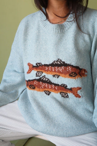 Trout Graphic Knit Sweater in Daisy Blue