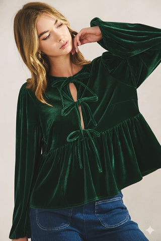 Luxe String Tied Velvet Top in Hunter Green