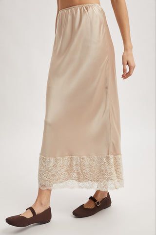 Lace Trim Satin Midi Skirt