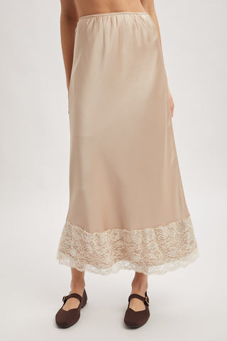 Lace Trim Satin Midi Skirt